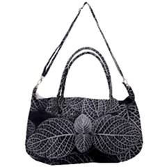 Black And White Plant Leaf Flower Pattern Line Black Monochrome Material Circle Spider Web Design Removal Strap Handbag by Vaneshart