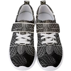 Black And White Plant Leaf Flower Pattern Line Black Monochrome Material Circle Spider Web Design Men s Velcro Strap Shoes by Vaneshart