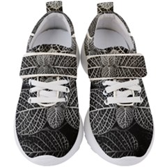 Black And White Plant Leaf Flower Pattern Line Black Monochrome Material Circle Spider Web Design Kids  Velcro Strap Shoes by Vaneshart