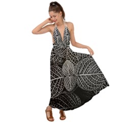 Black And White Plant Leaf Flower Pattern Line Black Monochrome Material Circle Spider Web Design Backless Maxi Beach Dress by Vaneshart