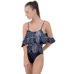 Black And White Plant Leaf Flower Pattern Line Black Monochrome Material Circle Spider Web Design Drape Piece Swimsuit by Vaneshart