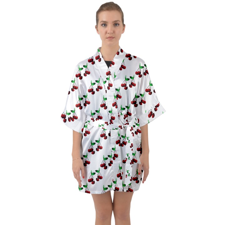 Cherries Pattern Half Sleeve Satin Kimono 