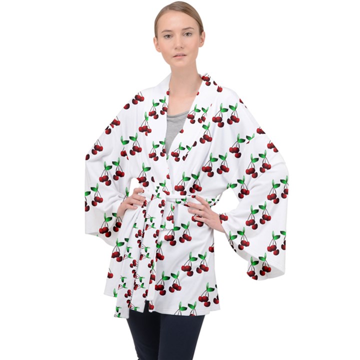 Cherries Pattern Long Sleeve Velvet Kimono 