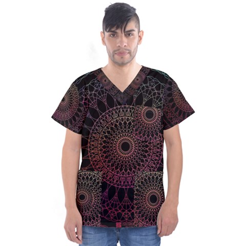 Mandala Fractal Pattern Men s V-neck Scrub Top by Vaneshart