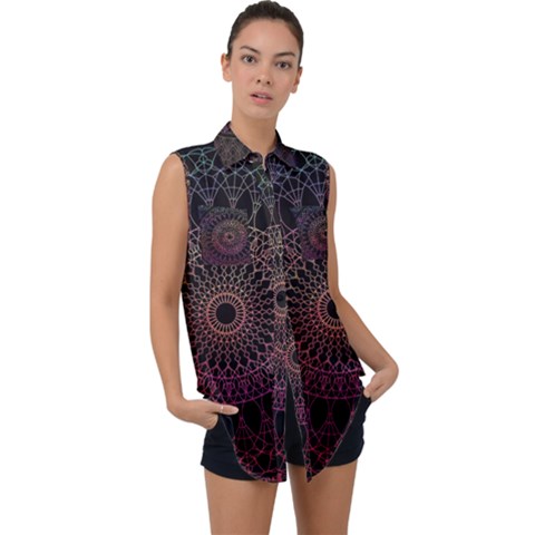 Mandala Fractal Pattern Sleeveless Chiffon Button Shirt by Vaneshart