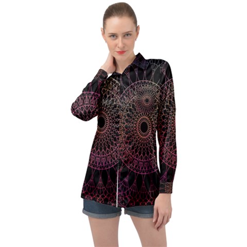 Mandala Fractal Pattern Long Sleeve Satin Shirt by Vaneshart