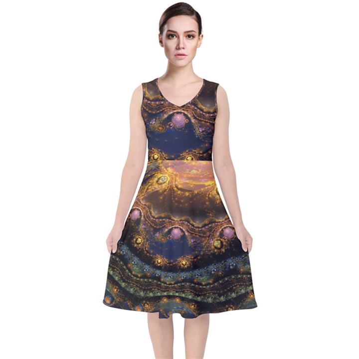 Fractal Cg Computer Graphics Sphere Fractal Art Water Organism Macro Photography Art Space Earth  V-Neck Midi Sleeveless Dress 