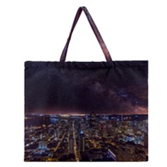 Light Sky Skyline Night Star Milky Way Cosmos Spiral City Skyscraper Urban Cityscape Dark San Franci Zipper Large Tote Bag by Vaneshart