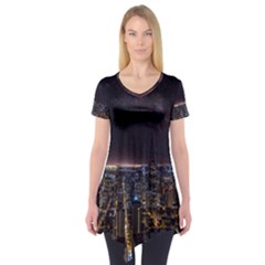 Light Sky Skyline Night Star Milky Way Cosmos Spiral City Skyscraper Urban Cityscape Dark San Franci Short Sleeve Tunic  by Vaneshart