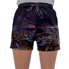 Light Sky Skyline Night Star Milky Way Cosmos Spiral City Skyscraper Urban Cityscape Dark San Franci Sleepwear Shorts by Vaneshart