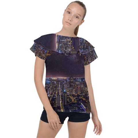 Light Sky Skyline Night Star Milky Way Cosmos Spiral City Skyscraper Urban Cityscape Dark San Franci Ruffle Collar Chiffon Blouse by Vaneshart