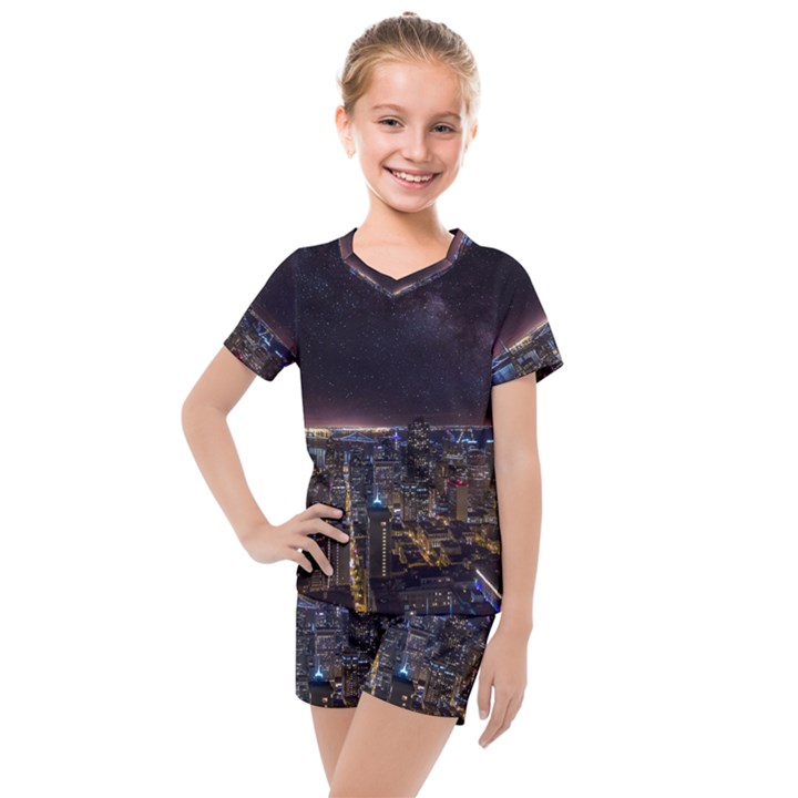 Light Sky Skyline Night Star Milky Way Cosmos Spiral City Skyscraper Urban Cityscape Dark San Franci Kids  Mesh Tee and Shorts Set