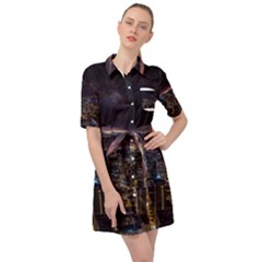 Light Sky Skyline Night Star Milky Way Cosmos Spiral City Skyscraper Urban Cityscape Dark San Franci Belted Shirt Dress by Vaneshart