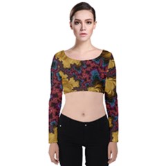 Creative Abstract Structure Texture Flower Pattern Black Material Textile Art Colors Design  Velvet Long Sleeve Crop Top by Vaneshart