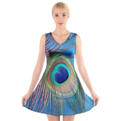 Nature Bird Wing Texture Animal Male Wildlife Decoration Pattern Line Green Color Blue Colorful V-neck Sleeveless Dress by Vaneshart