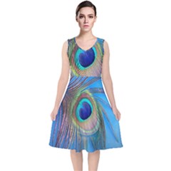 Nature Bird Wing Texture Animal Male Wildlife Decoration Pattern Line Green Color Blue Colorful V-neck Midi Sleeveless Dress  by Vaneshart