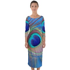 Nature Bird Wing Texture Animal Male Wildlife Decoration Pattern Line Green Color Blue Colorful Quarter Sleeve Midi Bodycon Dress by Vaneshart