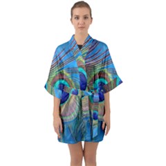 Nature Bird Wing Texture Animal Male Wildlife Decoration Pattern Line Green Color Blue Colorful Half Sleeve Satin Kimono  by Vaneshart