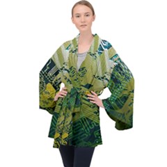 Laptop Computer Technology Leaf Line Green Biology Communication Electronics Illustration Informatio Long Sleeve Velvet Kimono  by Vaneshart