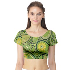 Texture Leaf Pattern Line Green Color Colorful Yellow Circle Ornament Font Art Illustration Design  Short Sleeve Crop Top by Vaneshart