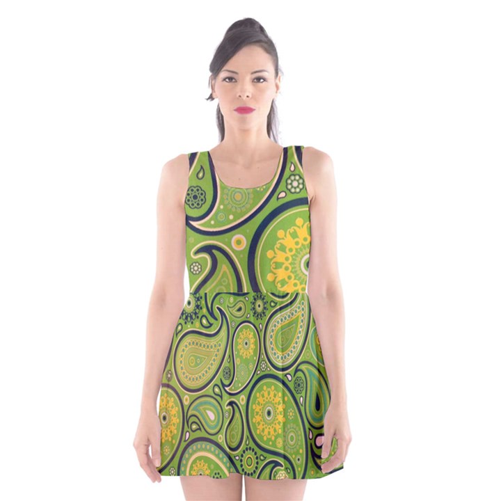 Texture Leaf Pattern Line Green Color Colorful Yellow Circle Ornament Font Art Illustration Design  Scoop Neck Skater Dress