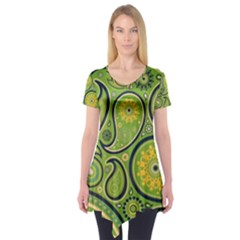 Texture Leaf Pattern Line Green Color Colorful Yellow Circle Ornament Font Art Illustration Design  Short Sleeve Tunic  by Vaneshart