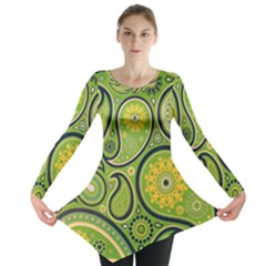 Texture Leaf Pattern Line Green Color Colorful Yellow Circle Ornament Font Art Illustration Design  Long Sleeve Tunic  by Vaneshart