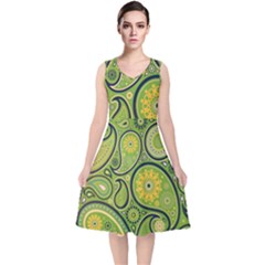 Texture Leaf Pattern Line Green Color Colorful Yellow Circle Ornament Font Art Illustration Design  V-neck Midi Sleeveless Dress  by Vaneshart