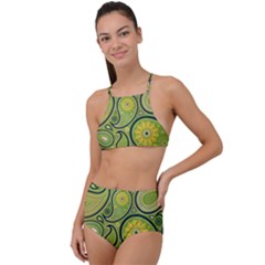 Texture Leaf Pattern Line Green Color Colorful Yellow Circle Ornament Font Art Illustration Design  High Waist Tankini Set by Vaneshart