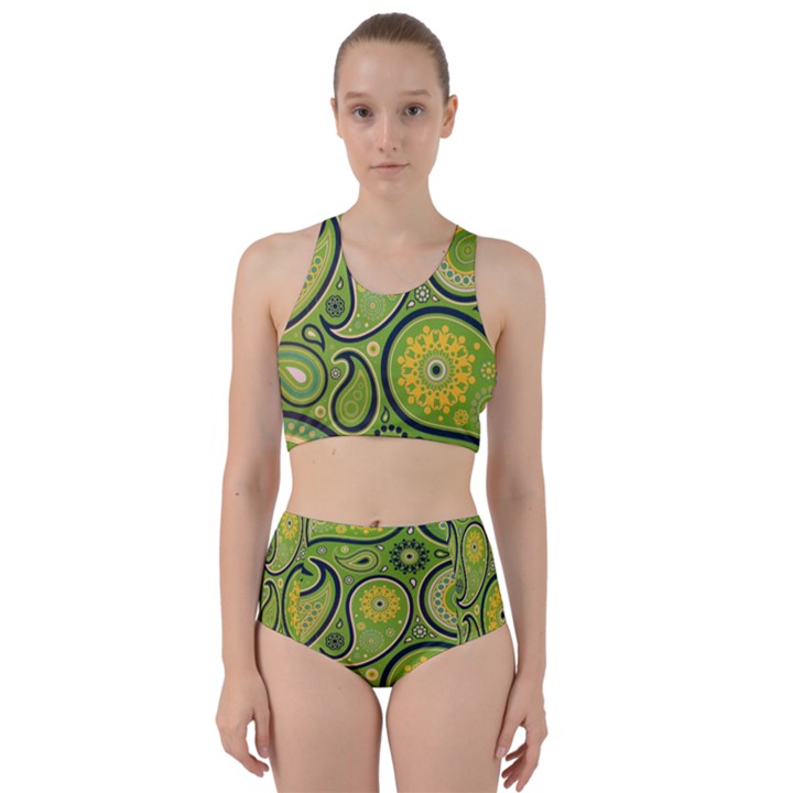 Texture Leaf Pattern Line Green Color Colorful Yellow Circle Ornament Font Art Illustration Design  Racer Back Bikini Set