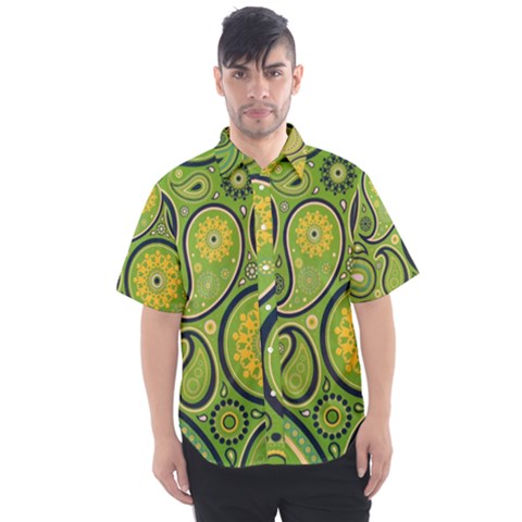 Texture Leaf Pattern Line Green Color Colorful Yellow Circle Ornament Font Art Illustration Design  Men s Short Sleeve Shirt by Vaneshart