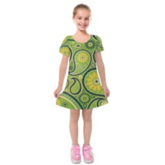 Texture Leaf Pattern Line Green Color Colorful Yellow Circle Ornament Font Art Illustration Design  Kids  Short Sleeve Velvet Dress by Vaneshart