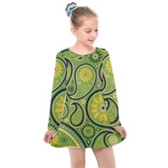 Texture Leaf Pattern Line Green Color Colorful Yellow Circle Ornament Font Art Illustration Design  Kids  Long Sleeve Dress by Vaneshart