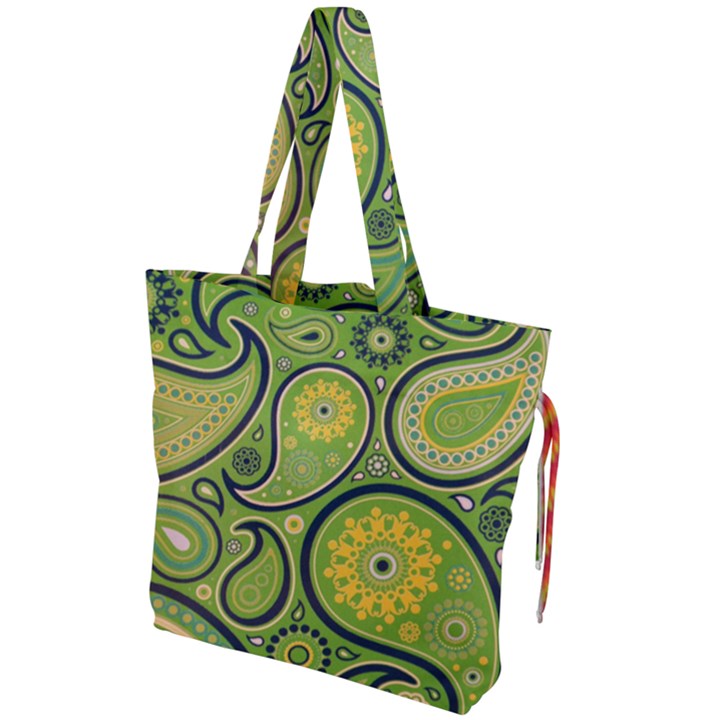 Texture Leaf Pattern Line Green Color Colorful Yellow Circle Ornament Font Art Illustration Design  Drawstring Tote Bag