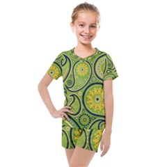 Texture Leaf Pattern Line Green Color Colorful Yellow Circle Ornament Font Art Illustration Design  Kids  Mesh Tee And Shorts Set