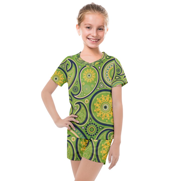 Texture Leaf Pattern Line Green Color Colorful Yellow Circle Ornament Font Art Illustration Design  Kids  Mesh Tee and Shorts Set