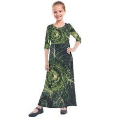 Plant Leaf Flower Green Produce Vegetable Botany Flora Cabbage Macro Photography Flowering Plant Kids  Quarter Sleeve Maxi Dress by Vaneshart