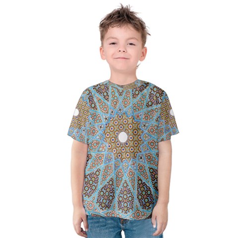 Vintage Flower Floral Pattern Line Tile Circle Art Design Symmetry Mosaic Culture Dome Shape Persian Kids  Cotton Tee by Vaneshart