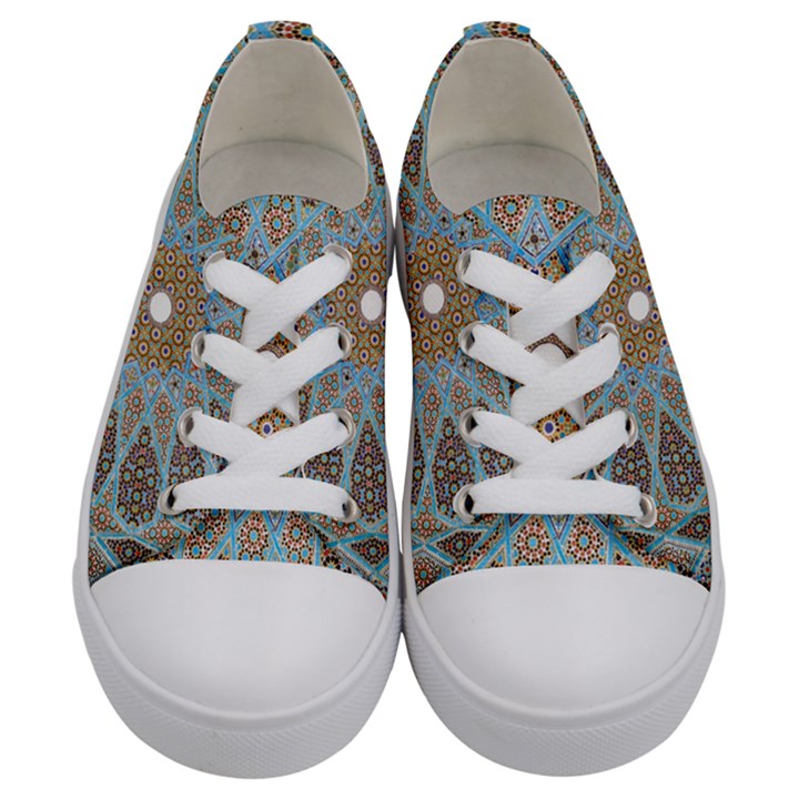 Vintage Flower Floral Pattern Line Tile Circle Art Design Symmetry Mosaic Culture Dome Shape Persian Kids  Low Top Canvas Sneakers