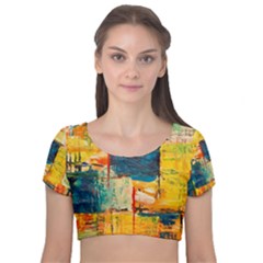 Abstract Painting Acrylic Paint Art Artistic Background Velvet Short Sleeve Crop Top  by Vaneshart