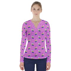 Rainbow Birthday Cake Pattern2 V-neck Long Sleeve Top