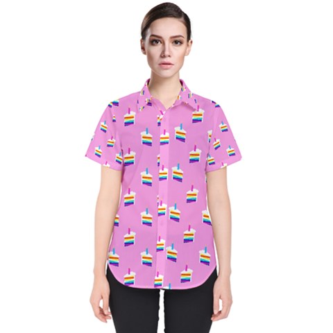 Rainbow Birthday Cake Pattern2 Women s Short Sleeve Shirt by bloomingvinedesign