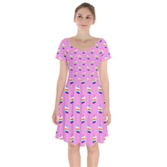 Rainbow Birthday Cake Pattern2 Short Sleeve Bardot Dress by bloomingvinedesign