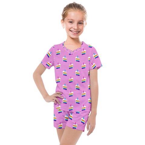 Rainbow Birthday Cake Pattern2 Kids  Mesh Tee And Shorts Set by bloomingvinedesign