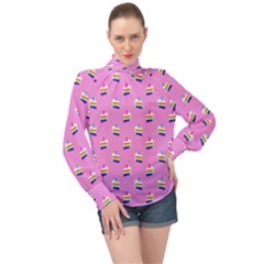 Rainbow Birthday Cake Pattern2 High Neck Long Sleeve Chiffon Top by bloomingvinedesign