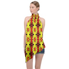 Red Black Yellow-9 Halter Asymmetric Satin Top by ArtworkByPatrick