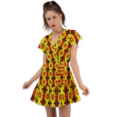 Red Black Yellow-9 Flutter Sleeve Wrap Dress