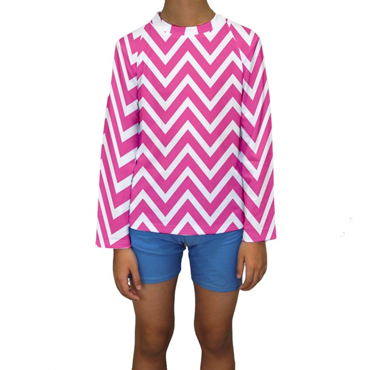 Chevrons Zigzag Pattern Design Pink White Kids  Long Sleeve Swimwear