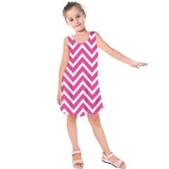 Chevrons Zigzag Pattern Design Pink White Kids  Sleeveless Dress by Wegoenart