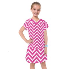 Chevrons Zigzag Pattern Design Pink White Kids  Drop Waist Dress by Wegoenart